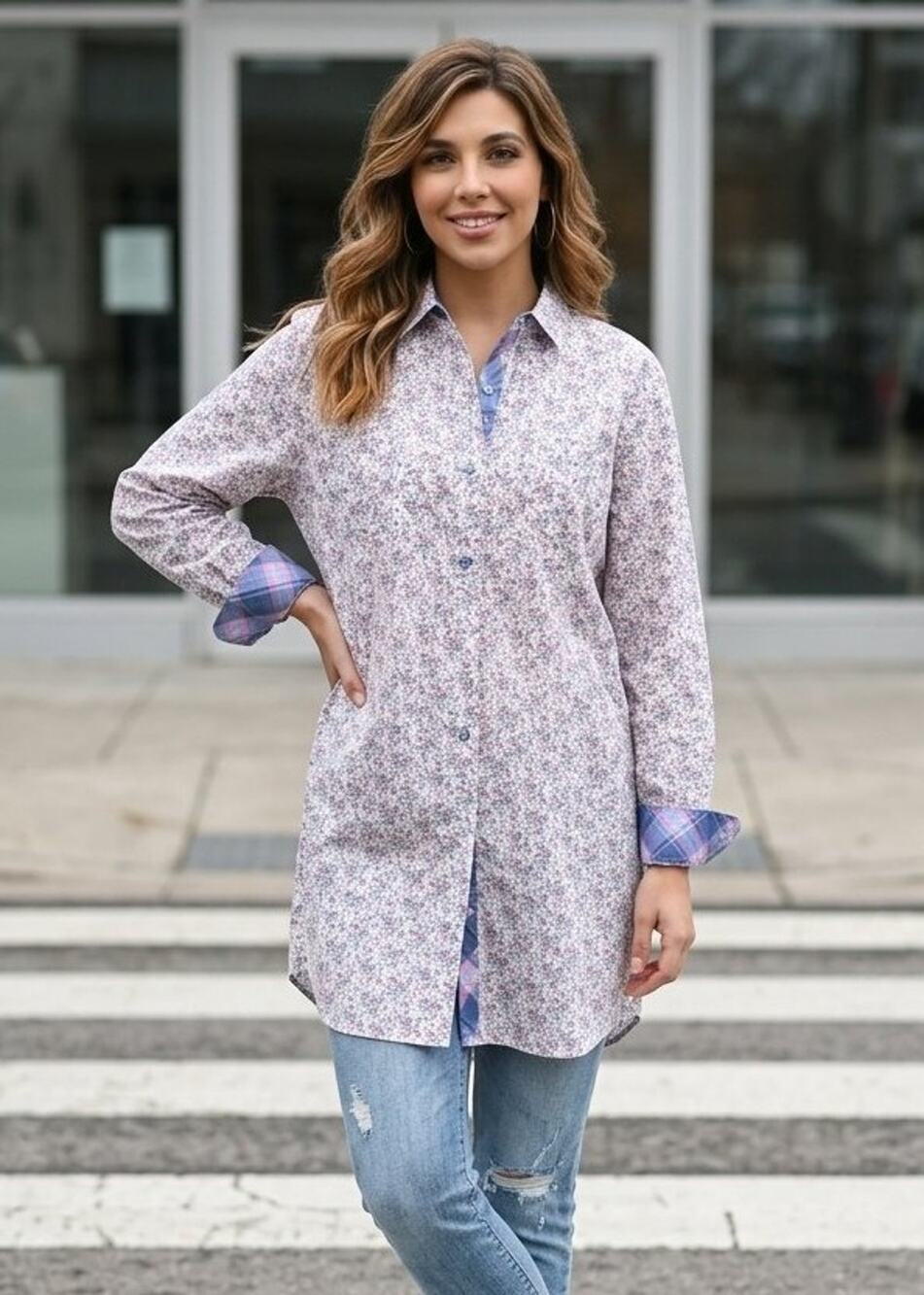 Jane & Bleecker Floral Button Down Tunic Shirt Plaid Trim Long Sleeve Women M-L